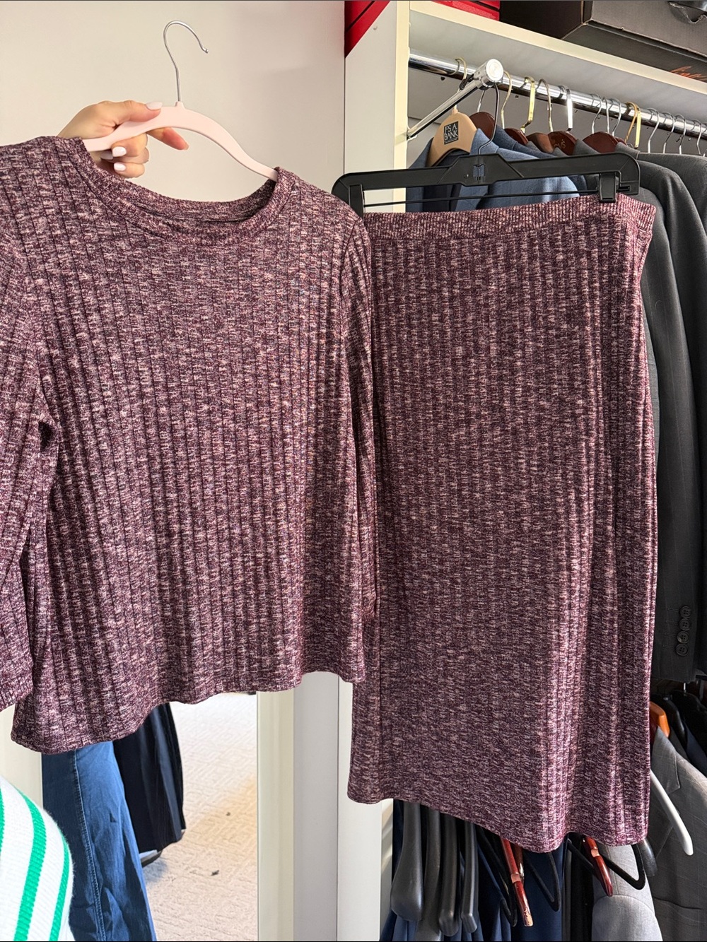 Ribbed Knit Two-Piece Set in Heathered Plum